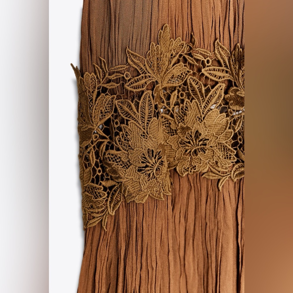 Zara NWT Tan Brown Wrinkled Embroidered Contrast Crochet Midi Maxi Dress (Small) - Picture 9 of 10
